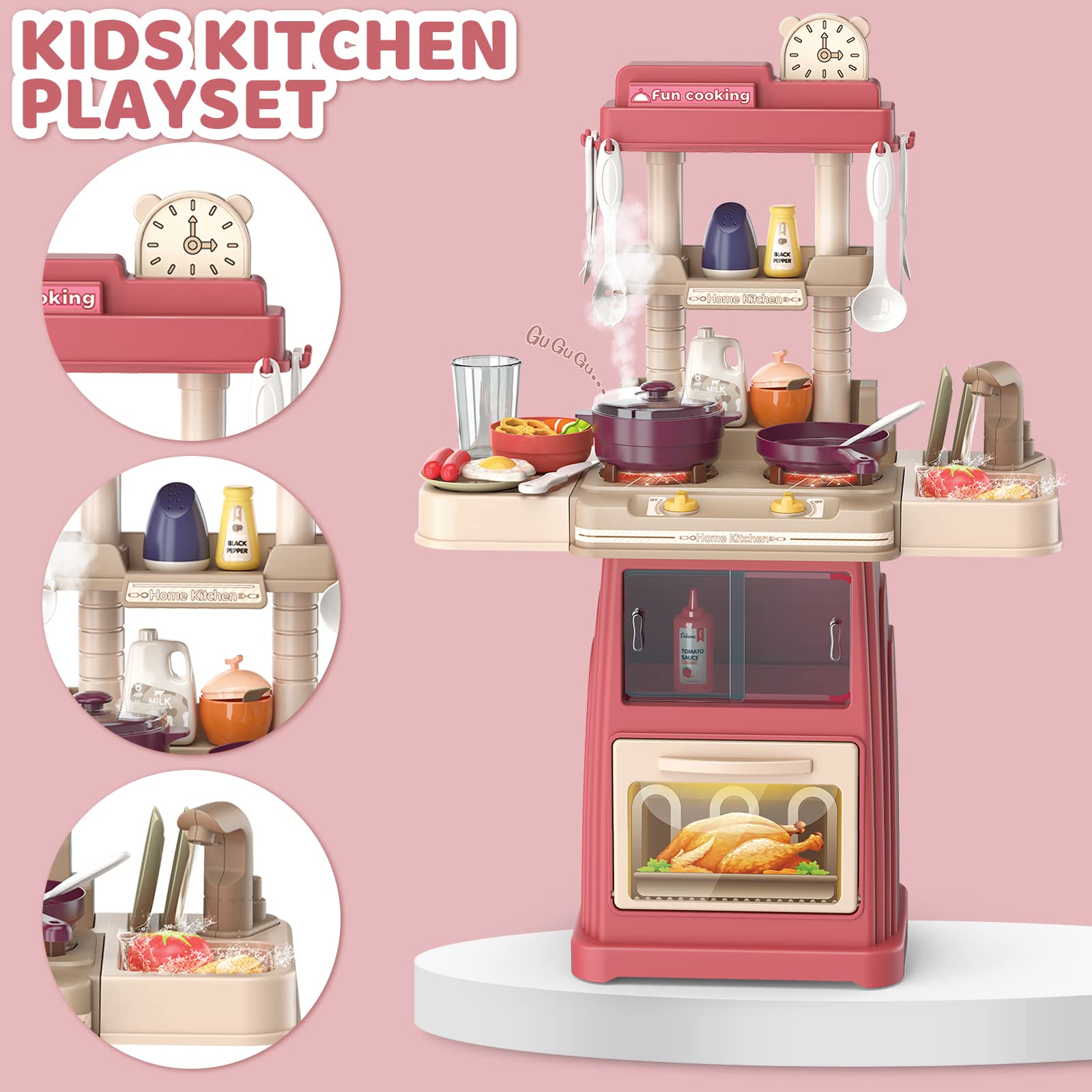 deAO Kitchen Toys for Kids Kitchen Playset Toy,Role Play Game Pretend Food and Cooking Playset (red)
