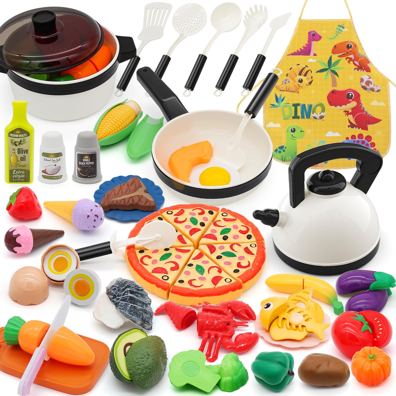 Hohosunlar 39 Items 62Pcs Play Kitchen Toy Accessories Set, Kids Kitchen Set with Play Pots and Pans, Pretend Play Food, Cooking Utensils, Apron, Toddler Kitchen Playset Kids Girls Boys Age 3+…