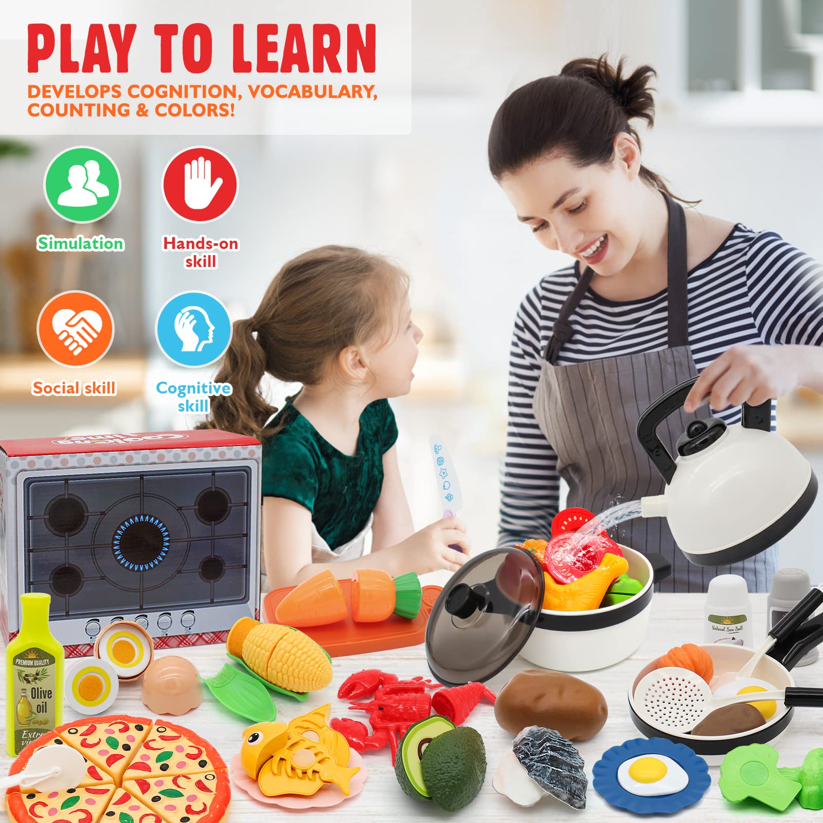 Hohosunlar 39 Items 62Pcs Play Kitchen Toy Accessories Set, Kids Kitchen Set with Play Pots and Pans, Pretend Play Food, Cooking Utensils, Apron, Toddler Kitchen Playset Kids Girls Boys Age 3+…