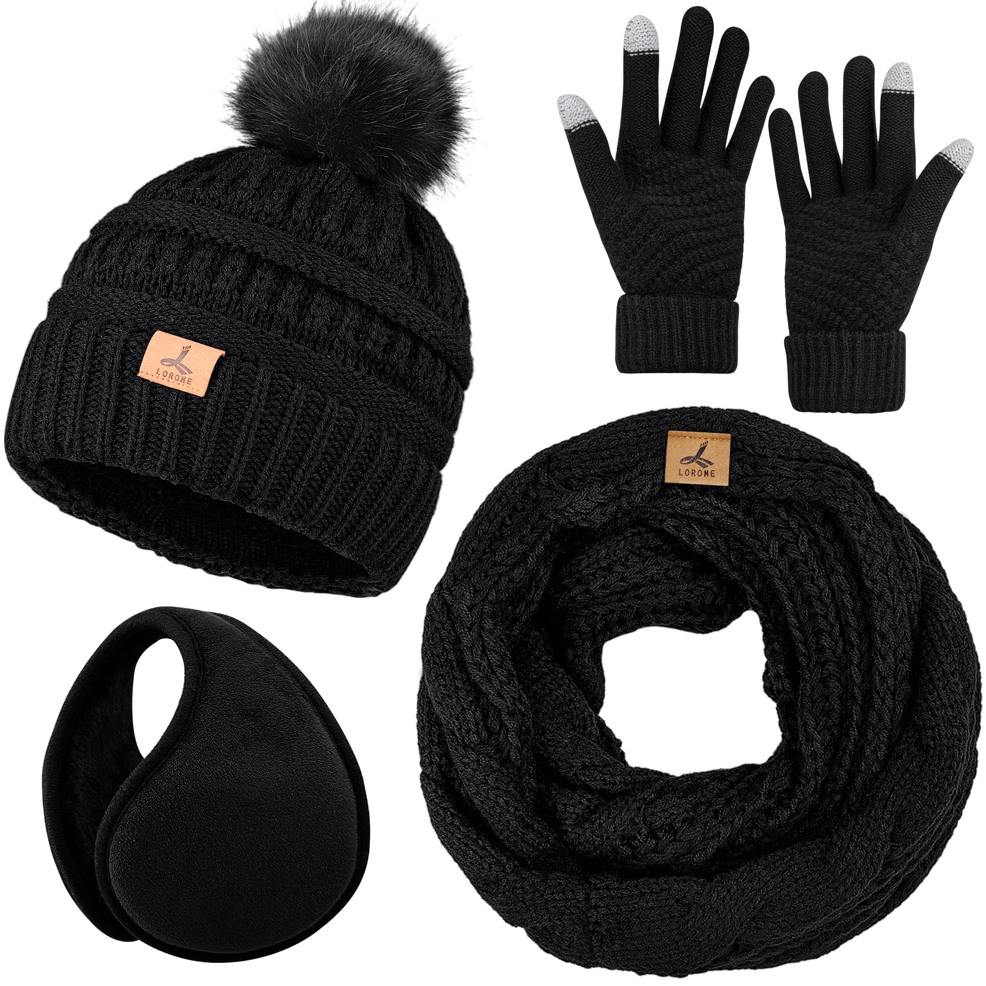 Winter Hat Scarf Gloves and Ear Warmer, Warm Knit Beanie Hat Touch Screen Gloves Set Winter Gifts Neck Scarves for Women Black