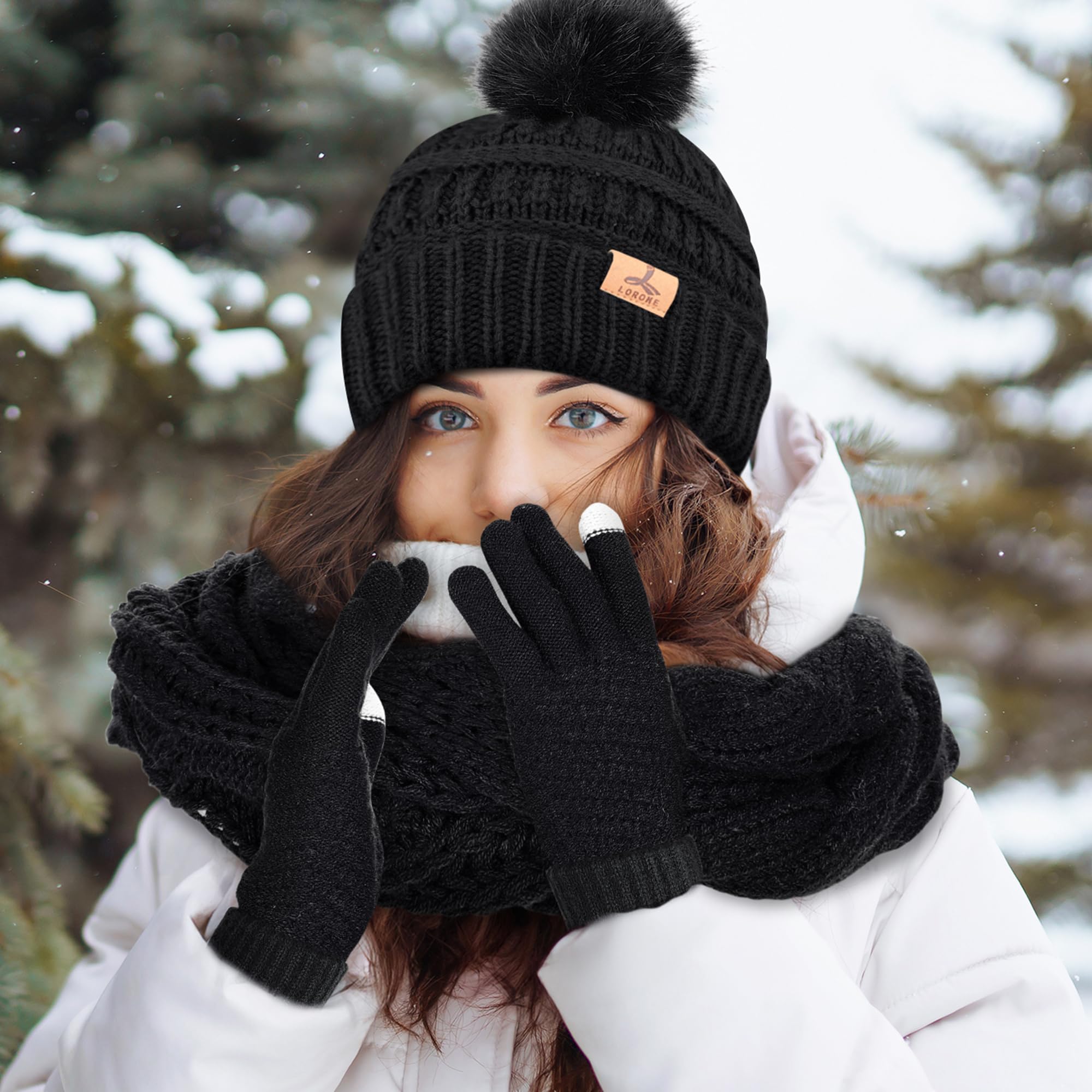 Winter Hat Scarf Gloves and Ear Warmer, Warm Knit Beanie Hat Touch Screen Gloves Set Winter Gifts Neck Scarves for Women Black