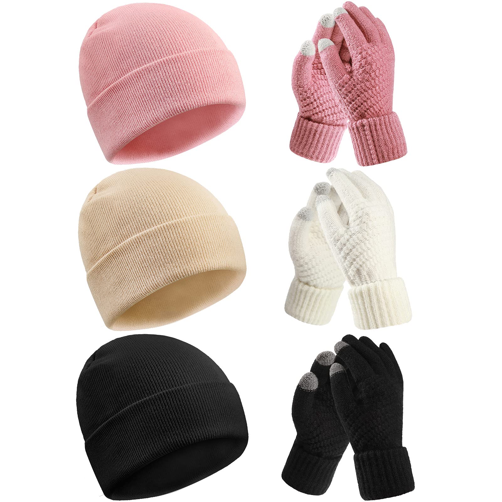 SATINIOR 6 Pieces Winter Beanie Hat Gloves Set, Knit Hat Touchscreen Gloves Soft Skull Cap Set for Women Men(Black, Pink, Apricot, White)