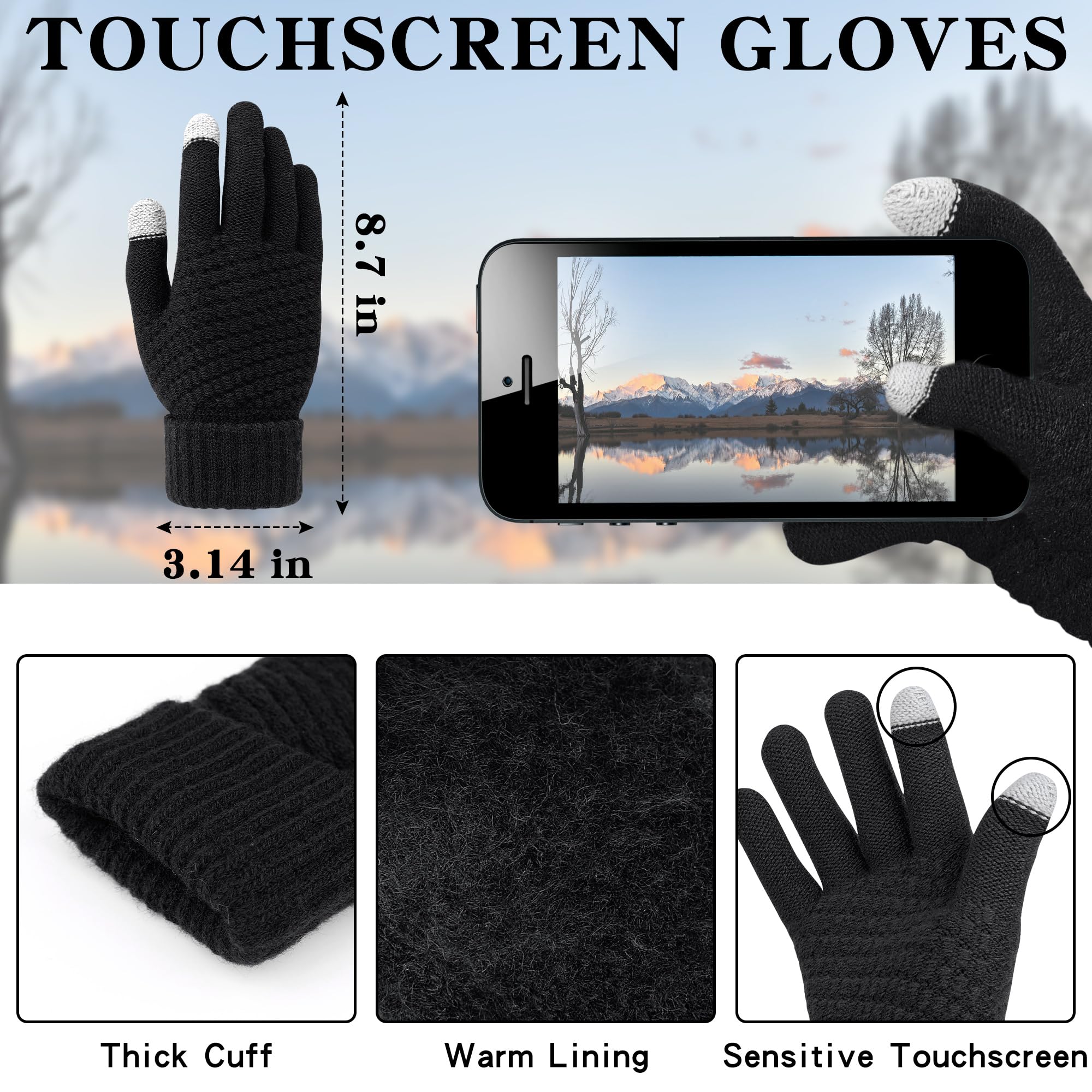 Winter Beanie Hat Scarf Gloves, Warm Fleece Knit Winter Hats Touch Screen Gloves Neck Scarf Set Winter Gifts for Unisex Adult Black