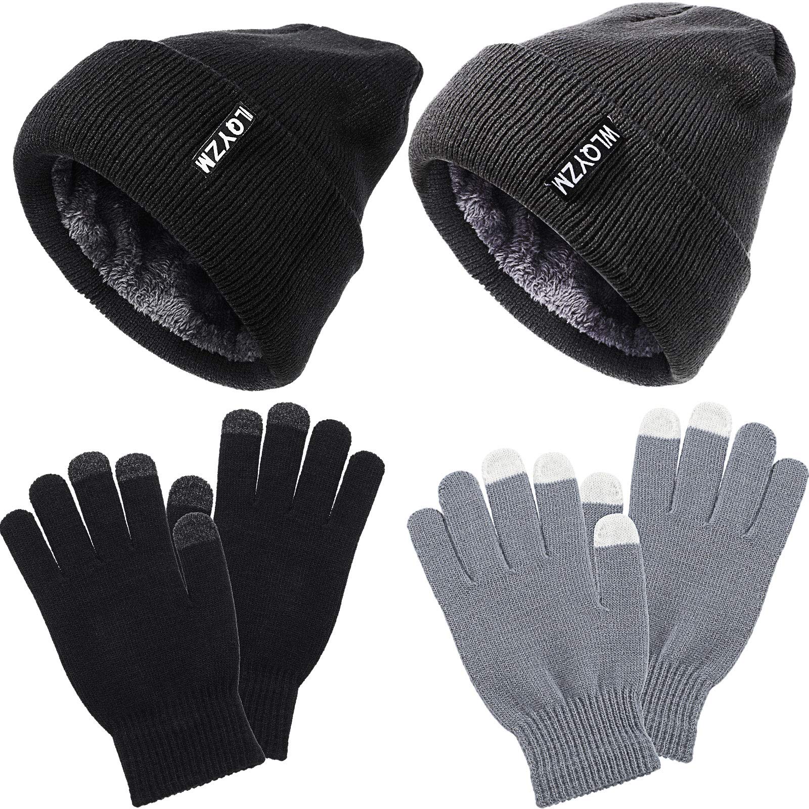 4 Piece Set Winter Beanie Hat and Glove Set with Fleece Lining, Winter Hat and Gloves Set, Unisex Cap and Glove Set for Men Women Black, Gray