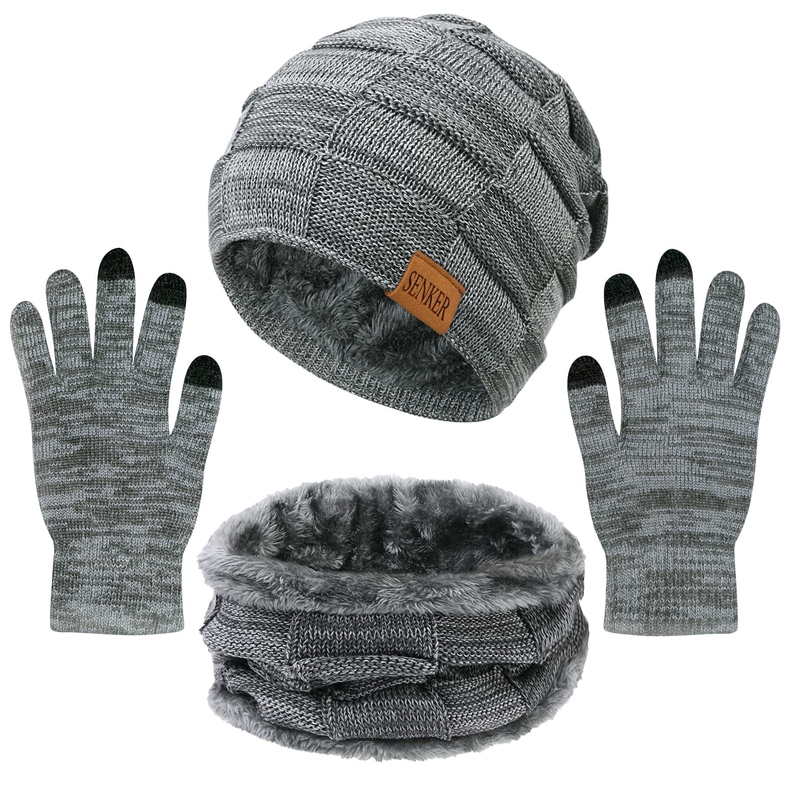 3 Pieces Winter Hat Scarf and Gloves Set for Men and Women, Knit Slouchy Beanie Cap&Neck Warmer&Screen-Touch Texting Gloves Dark Gray