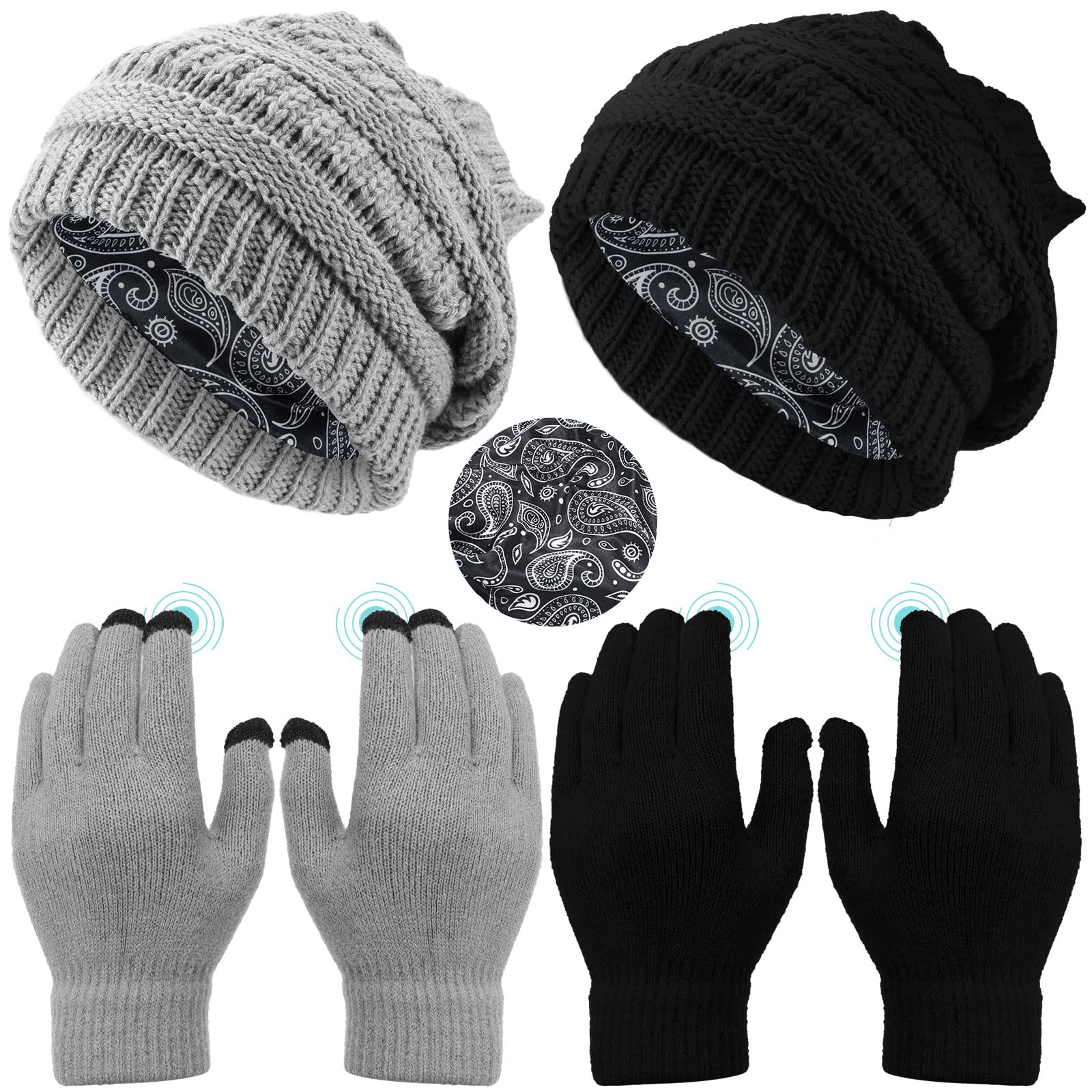 4 Pieces Winter Satin Lined Beanie Hat Knit Plain Satin Hat Touchscreen Gloves Set for Women Men (Black, Light Gray, Classic Style)