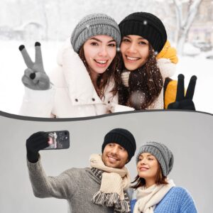 4 Pieces Winter Satin Lined Beanie Hat Knit Plain Satin Hat Touchscreen Gloves Set for Women Men (Black, Light Gray, Classic Style)