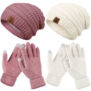 jeere 4 pieces winter glove and hat set winter hat touchscreen gloves warm knitted beanie hats and gloves for women (pink, white)