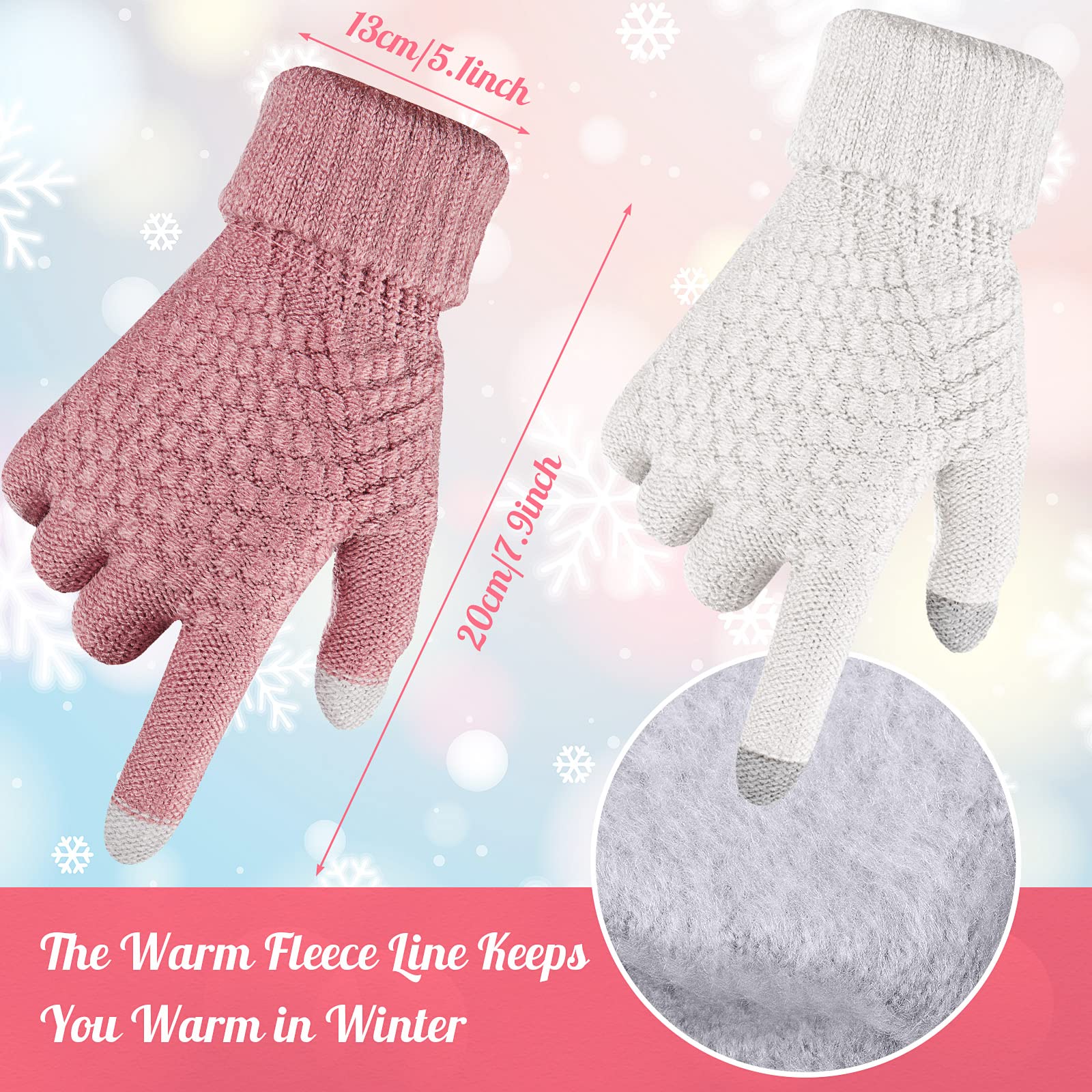 Jeere 4 Pieces Winter Glove and Hat Set Winter Hat Touchscreen Gloves Warm Knitted Beanie Hats and Gloves for Women (Pink, White)