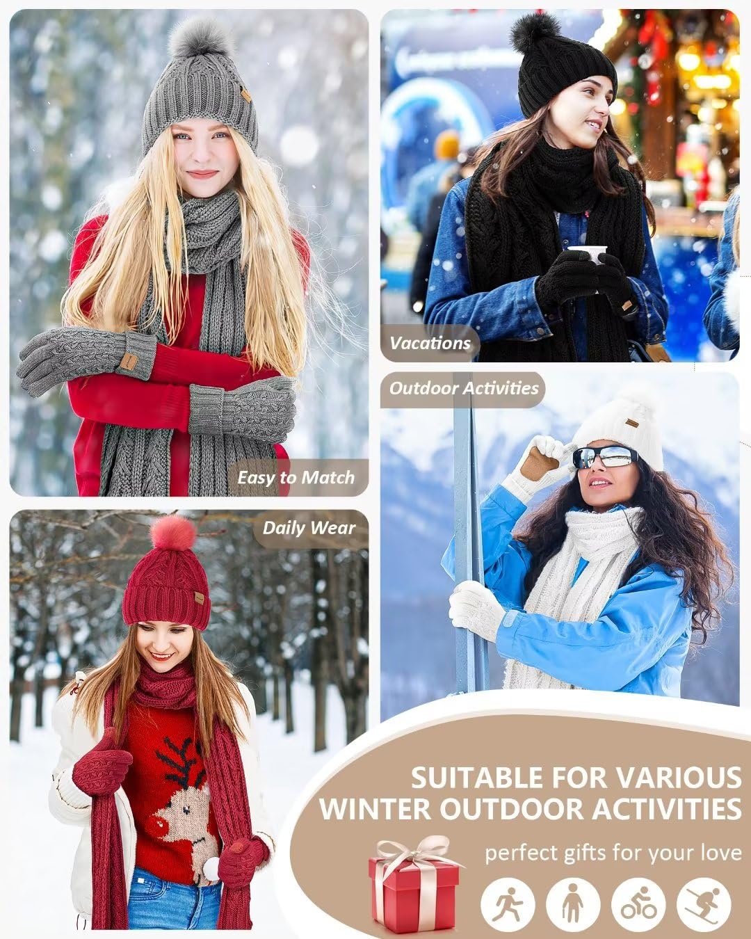 Women's 3-in-1 Fleece Winter Hat, Scarf & Touchscreen Glove Set with Pom Pom - Oatmeal