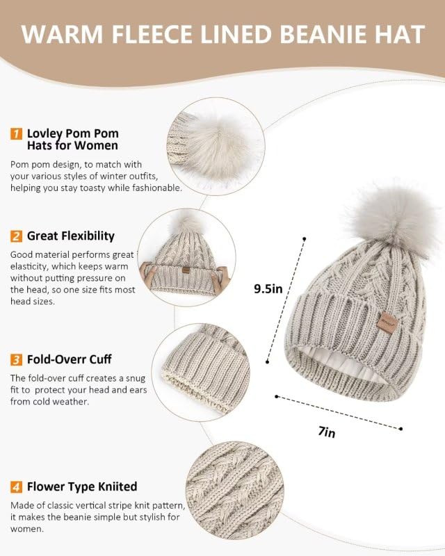 Women's 3-in-1 Fleece Winter Hat, Scarf & Touchscreen Glove Set with Pom Pom - Oatmeal