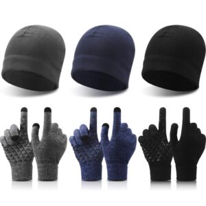 satinior 6 pcs winter warm beanie hat fleece cap and touchscreen thermal anti-slip gloves (black, gray, navy blue)