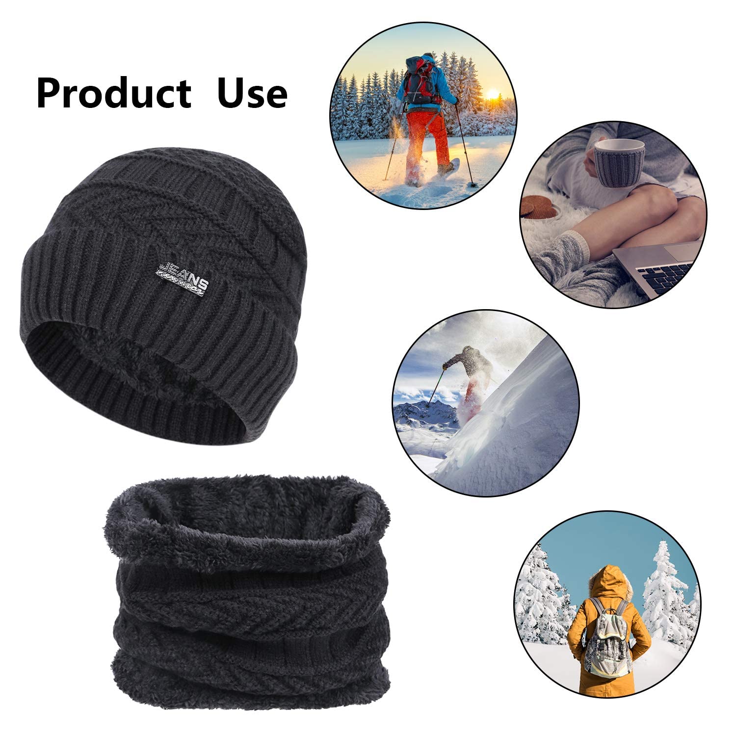 3-Pieces Winter Beanie Hats, Scarf and Touch Screen Gloves Set for Men and Women, Warm Knit Cap Set Black
