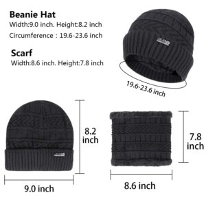 3-Pieces Winter Beanie Hats, Scarf and Touch Screen Gloves Set for Men and Women, Warm Knit Cap Set Black