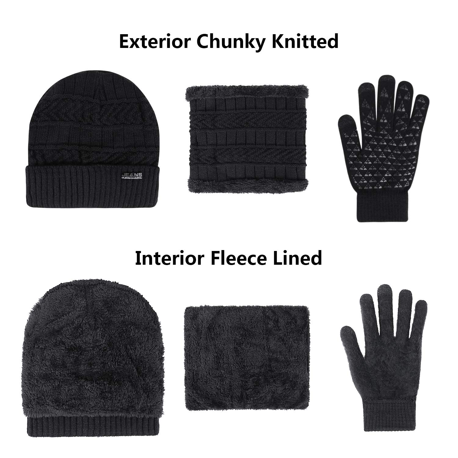 3-Pieces Winter Beanie Hats, Scarf and Touch Screen Gloves Set for Men and Women, Warm Knit Cap Set Black