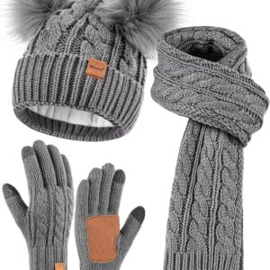 Winter Hat Scarf Glove Set for Women, Warm Fleece Lined Womens Beanie Hat with Double Pom Pom, Gloves with Touchscreen Fingers, Knit Scarf Neck Warmer for Cold Weather-Grey