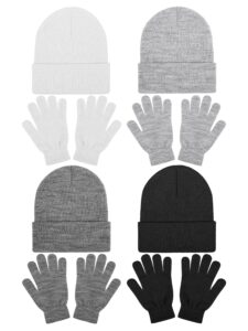 cooraby 8 pack winter knitted cuff beanies magic gloves set acrylic warm skull cap cuff hat classic gloves for men or women