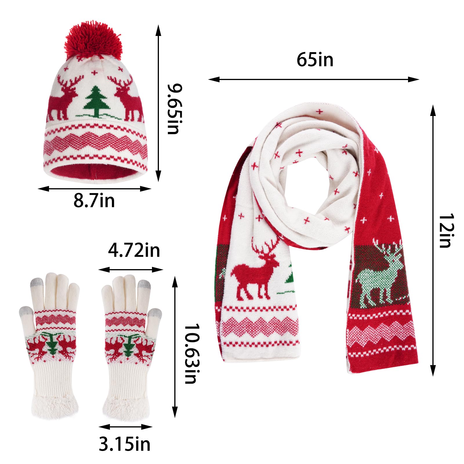 hoyuwak Knitted Hat Scarf Glove Set for Women, Pom Pom Beanie, Warm Gloves, Winter Scarf, Winter Set for Christmas Cold Weather Gift(White, Red)