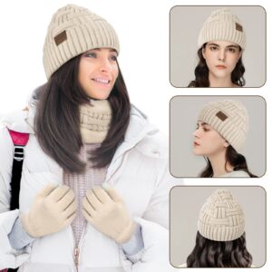 Loritta 3-Pieces Winter Hat Neck Warmer Touchscreen Gloves Set Knit Thick Scarf Beanie Hat Scarves Set Gifts for Women, Beige