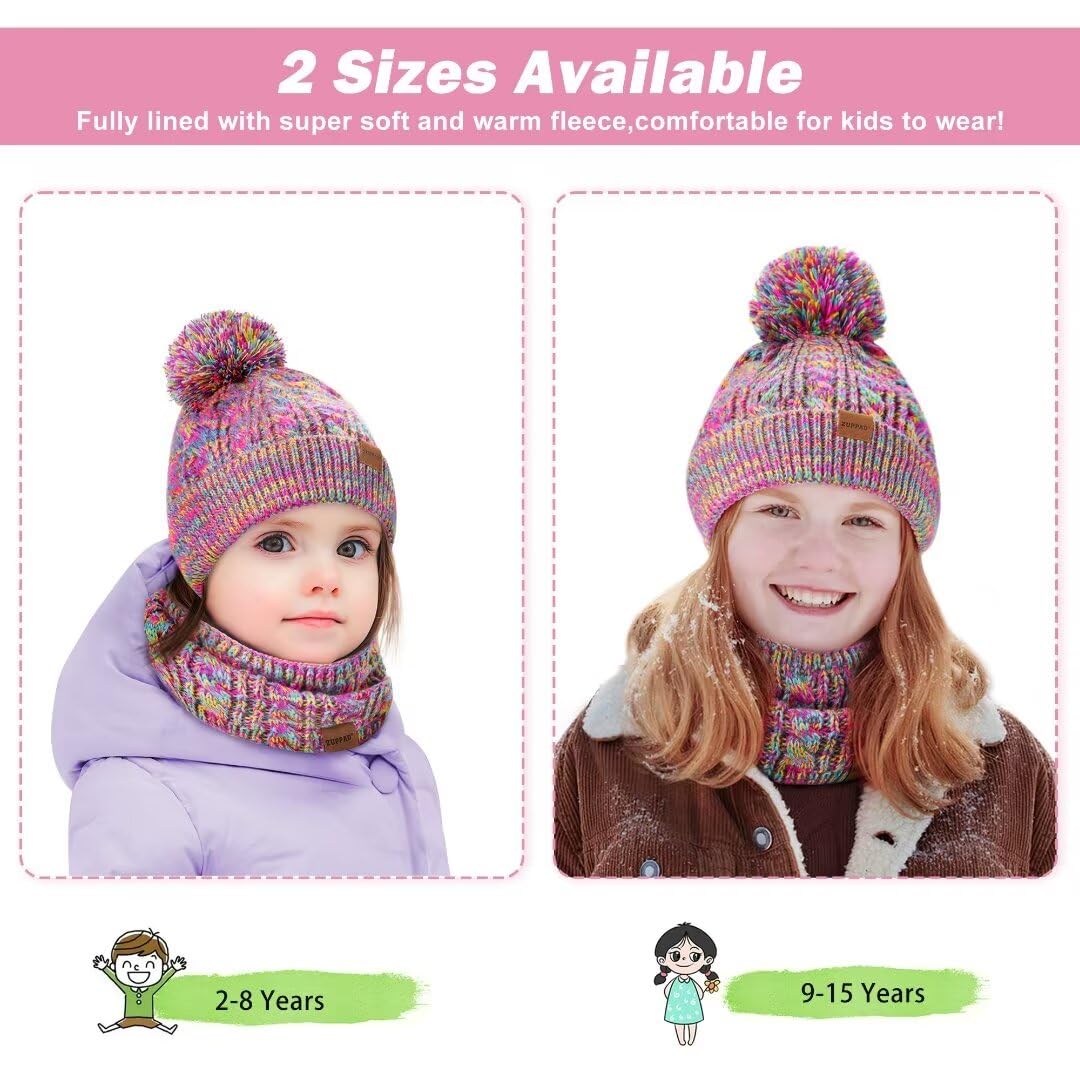 Girls Winter Hat, Gloves & Scarf Set - Fleece Lined with Pom Beanie, Neck Warmer & Mittens for Toddler & Children