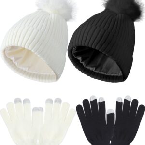 4 Pieces Womens Winter Satin Lined Knit Pom Beanie Hats Touchscreen Gloves Set