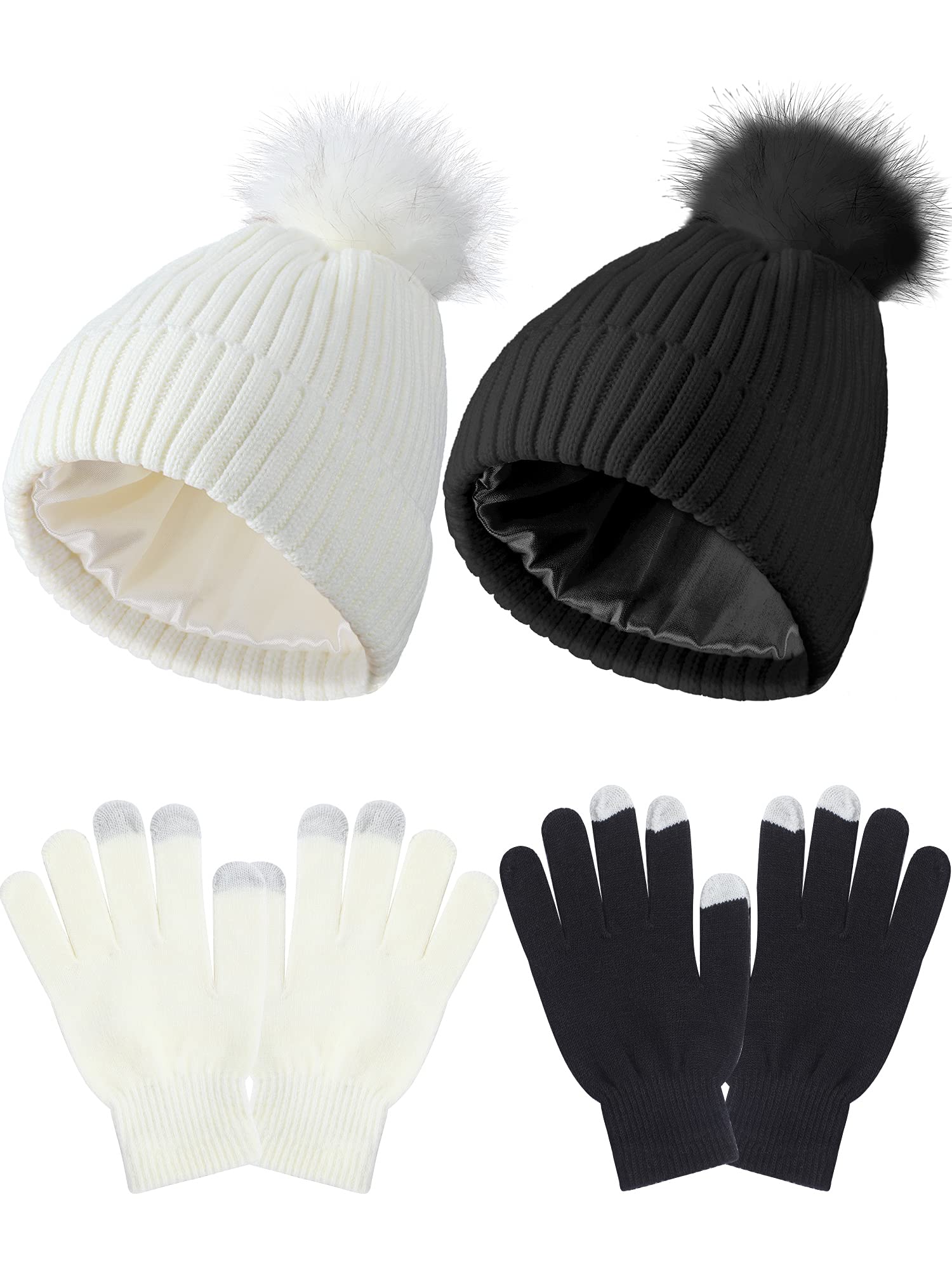 4 Pieces Womens Winter Satin Lined Knit Pom Beanie Hats Touchscreen Gloves Set