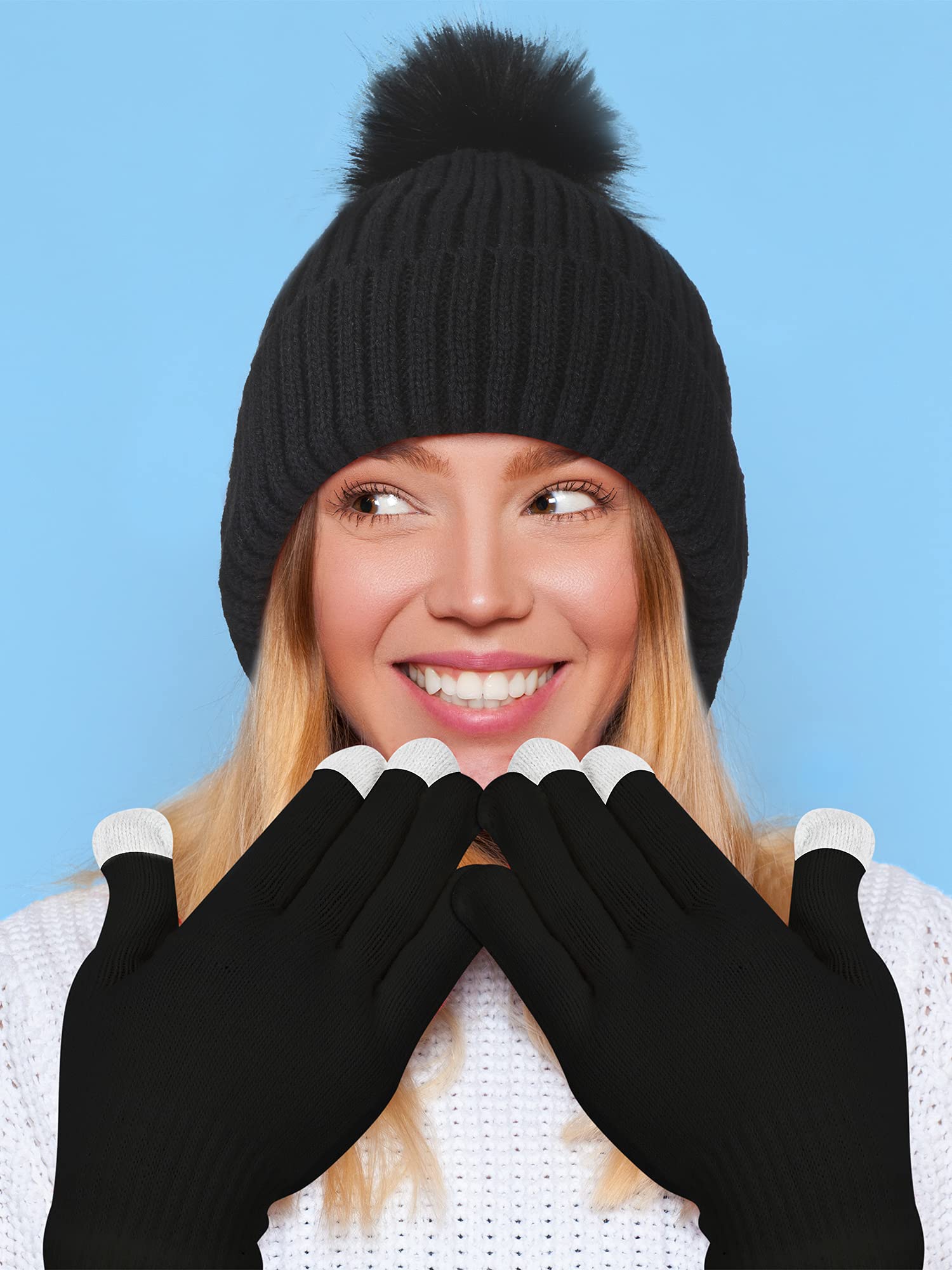 4 Pieces Womens Winter Satin Lined Knit Pom Beanie Hats Touchscreen Gloves Set