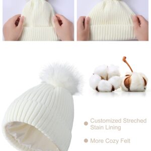 4 Pieces Womens Winter Satin Lined Knit Pom Beanie Hats Touchscreen Gloves Set