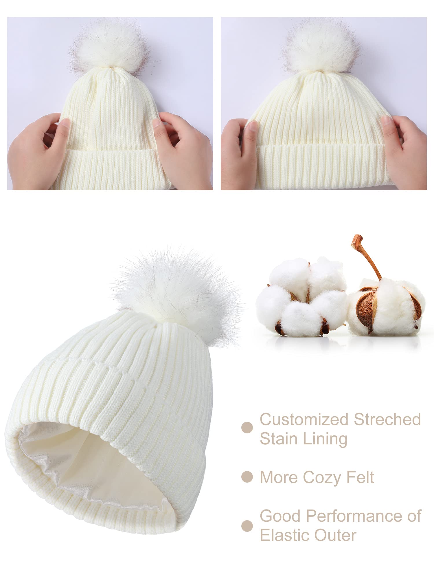 4 Pieces Womens Winter Satin Lined Knit Pom Beanie Hats Touchscreen Gloves Set