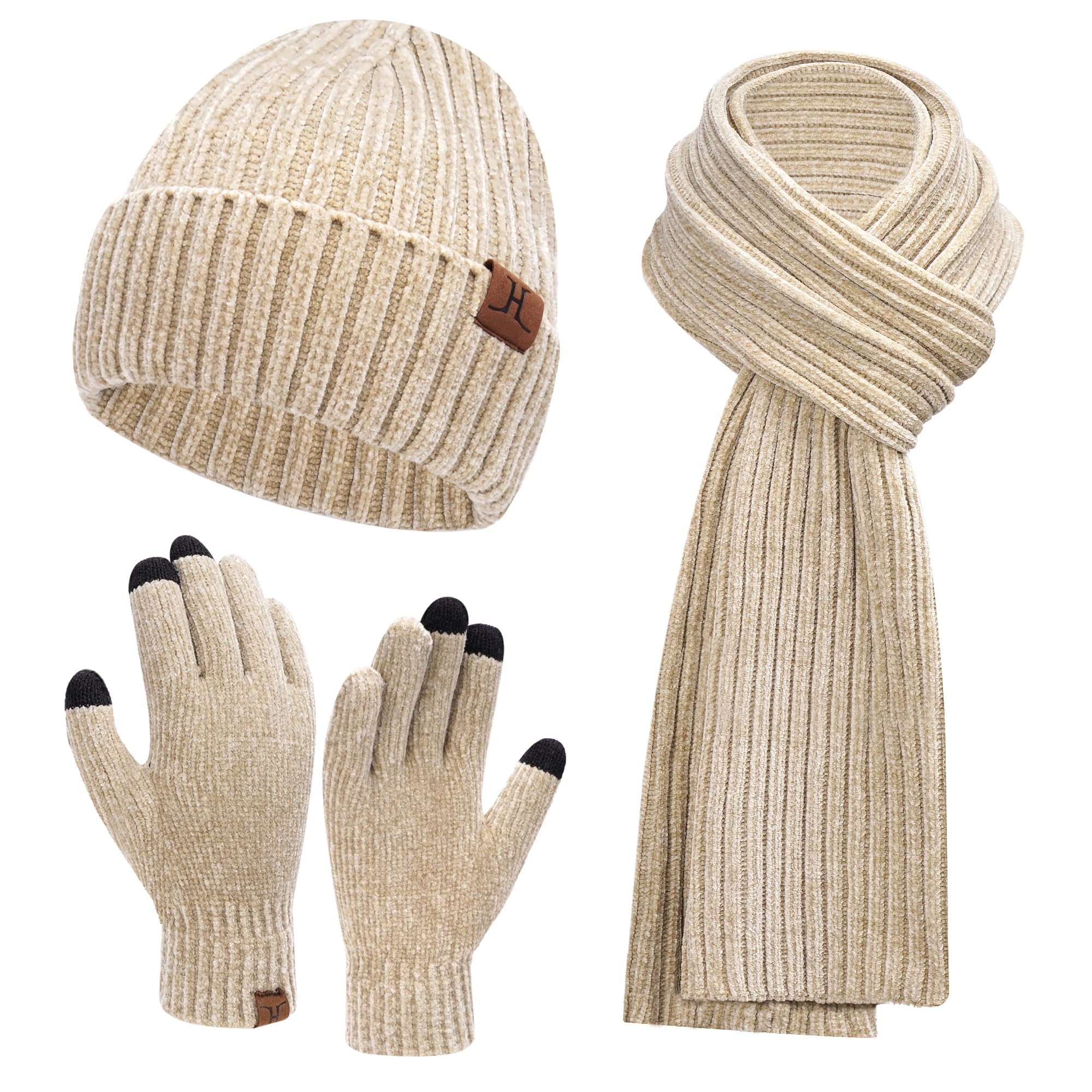 Womens Winter Knit Warm Hat Beanie+Long Scarf+Touch Screen Gloves Set Skull Caps Neck Scarves for Women Men