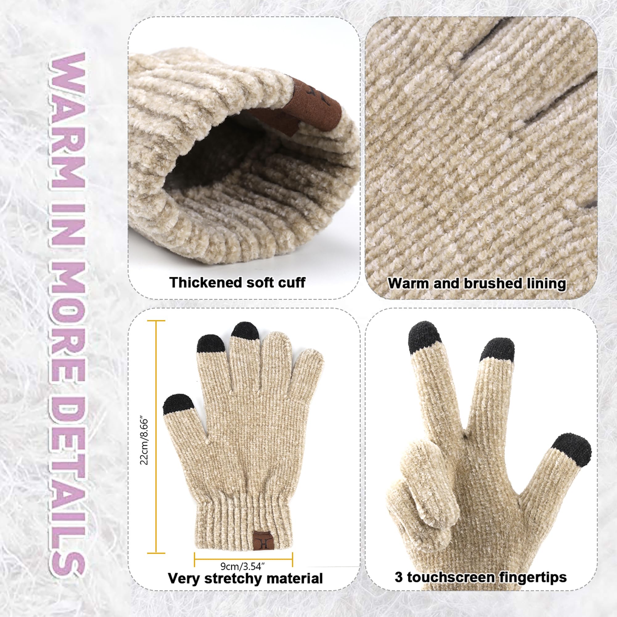 Womens Winter Knit Warm Hat Beanie+Long Scarf+Touch Screen Gloves Set Skull Caps Neck Scarves for Women Men