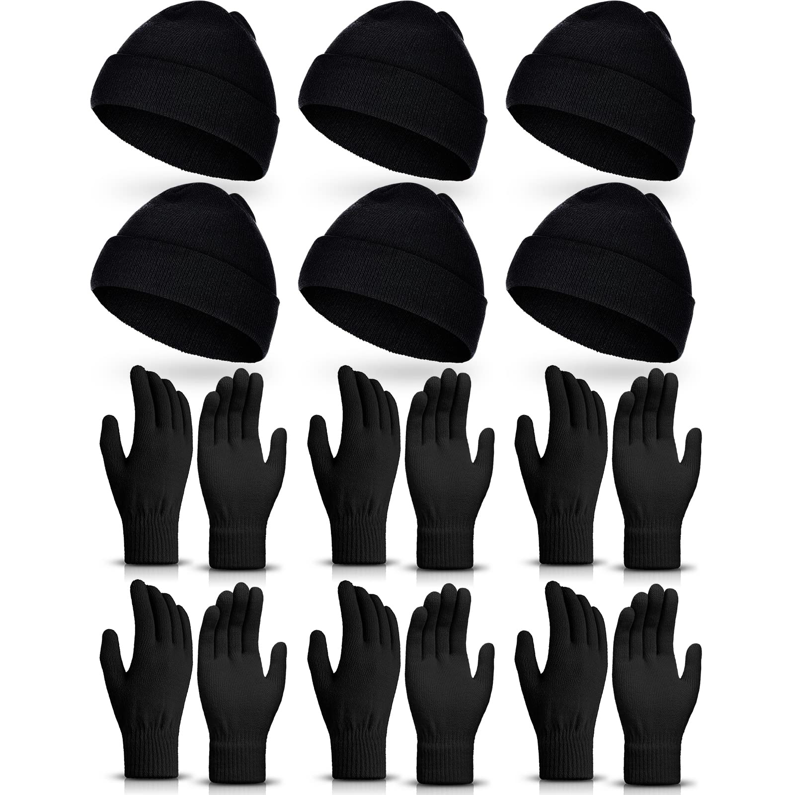 12 Pieces Winter Beanies Hat and Gloves for Men Women Warm Knitted Caps Gloves Set 6 Pairs Unisex Winter Mittens 6 Warm Hats(Black)