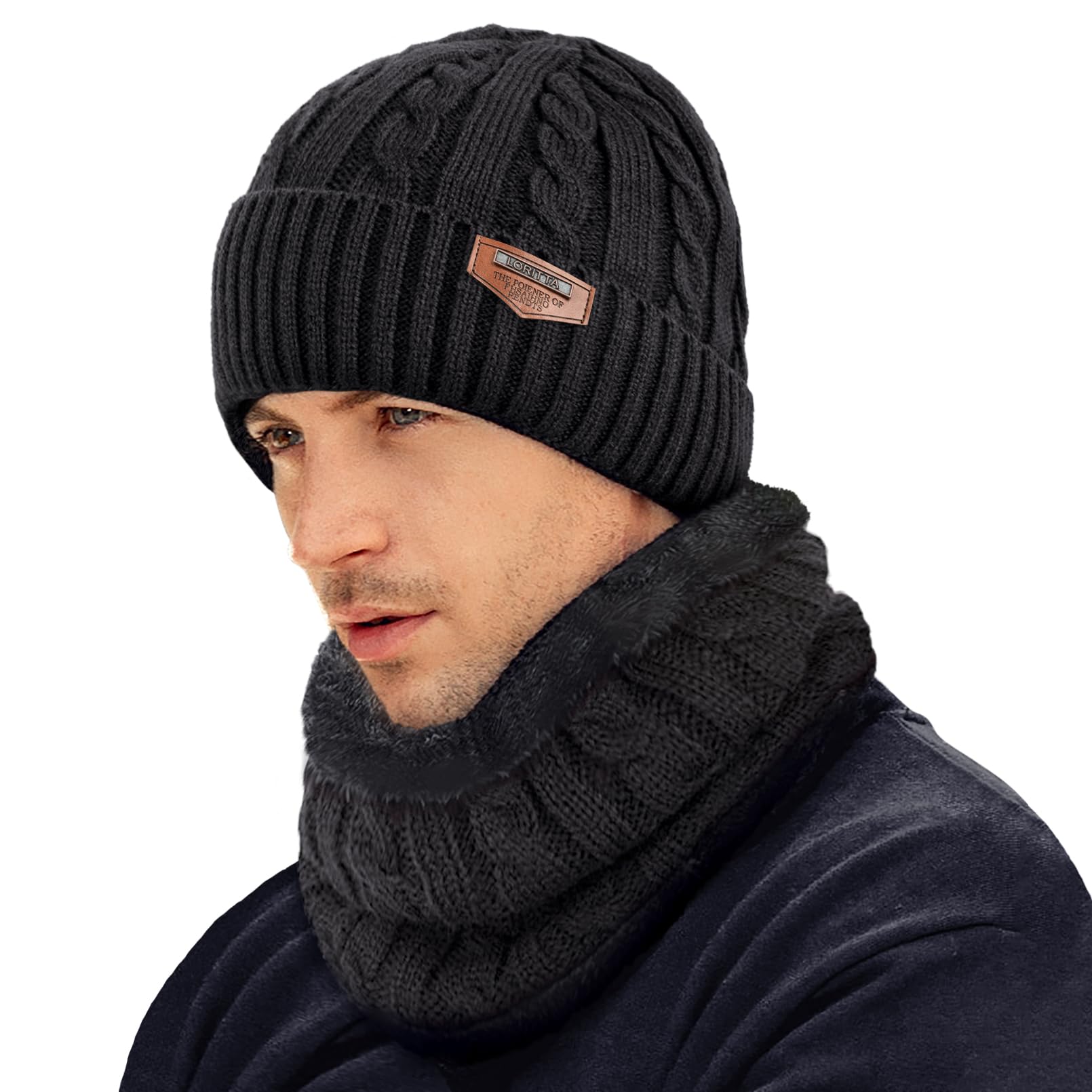 Winter Beanie Hats Scarf Gloves Set Thick Warm Slouchy Beanies Hat Knit Skull Cap Neck Warmer for Men Women,Style C-Black