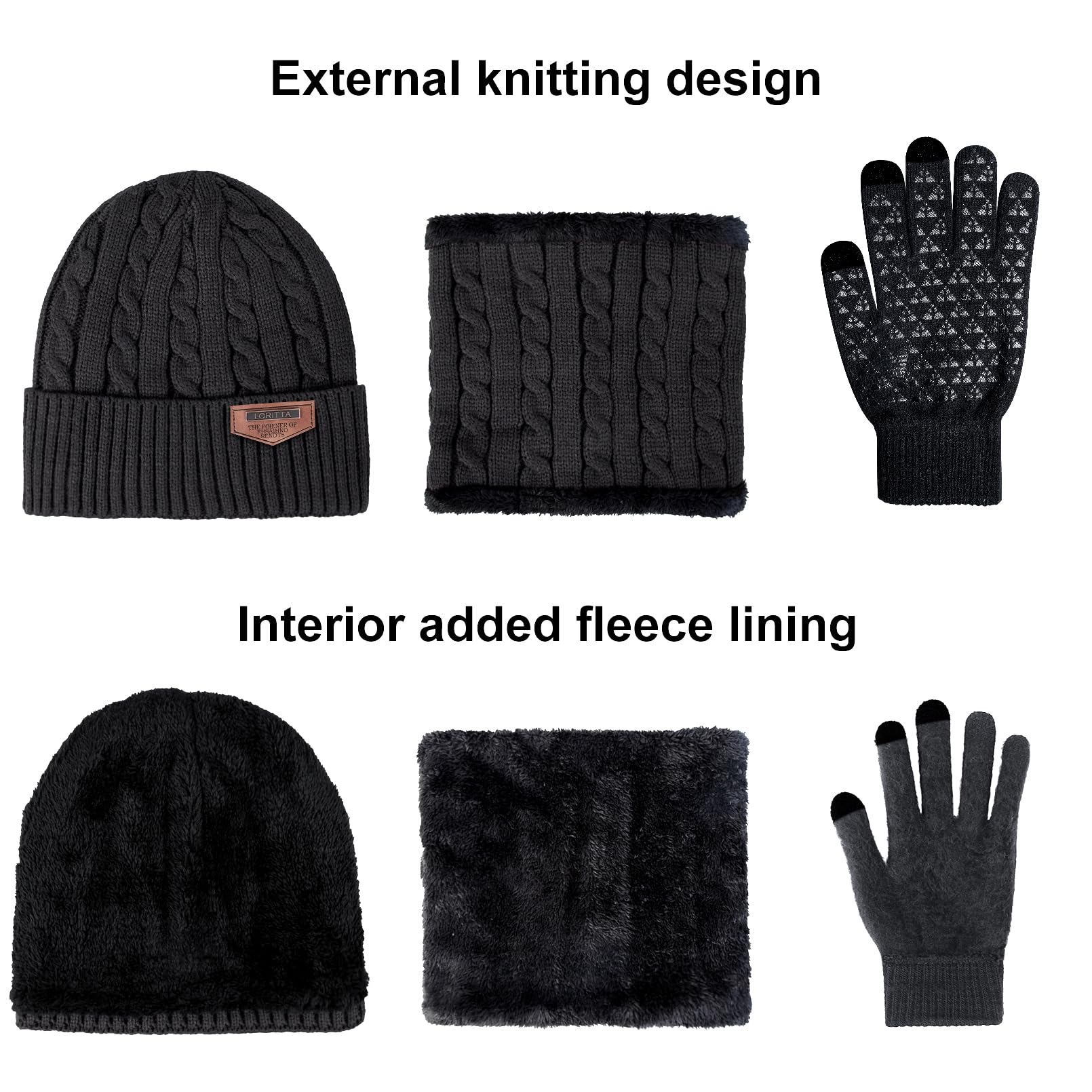 Winter Beanie Hats Scarf Gloves Set Thick Warm Slouchy Beanies Hat Knit Skull Cap Neck Warmer for Men Women,Style C-Black