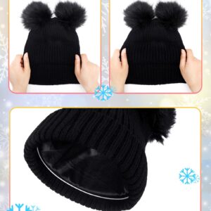 2 Pieces Satin Lined Winter Hats Women Pom Beanies Winter Knitted Pom Hat Touchscreen Gloves Set for Women Girls