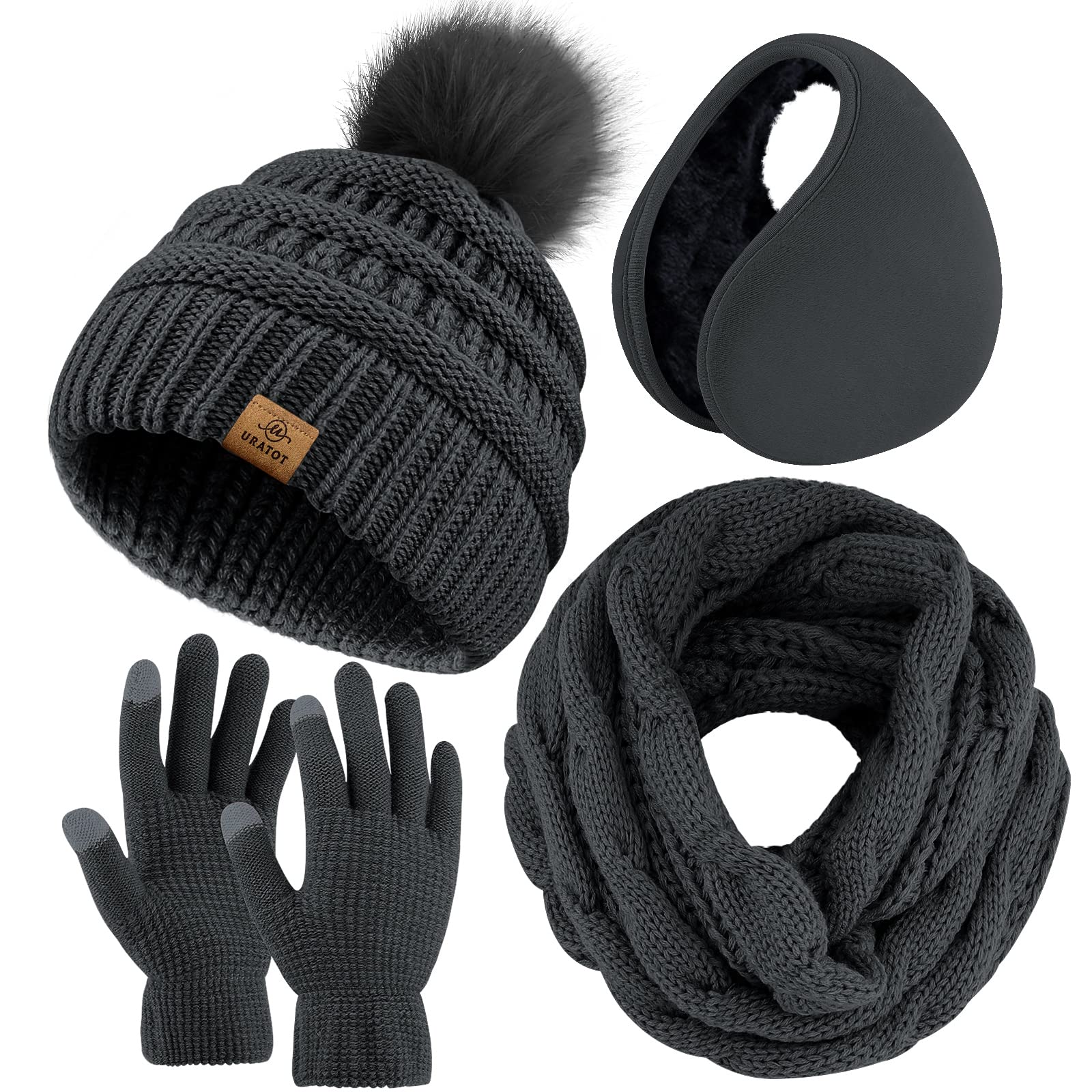 URATOT Winter Warm Sets Knitted Scarf Beanie Pompom Hat Touch Screen Gloves and Winter Ear Warmer Set for Men or Women