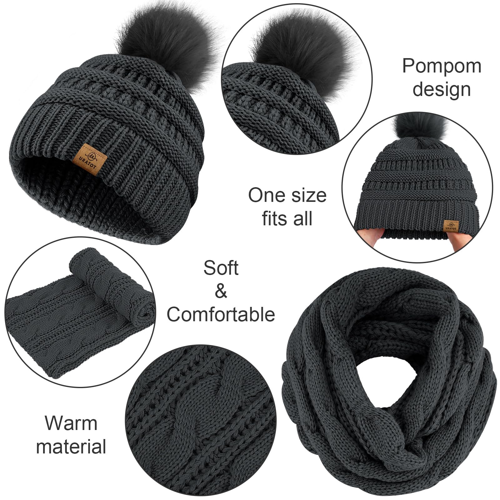 URATOT Winter Warm Sets Knitted Scarf Beanie Pompom Hat Touch Screen Gloves and Winter Ear Warmer Set for Men or Women