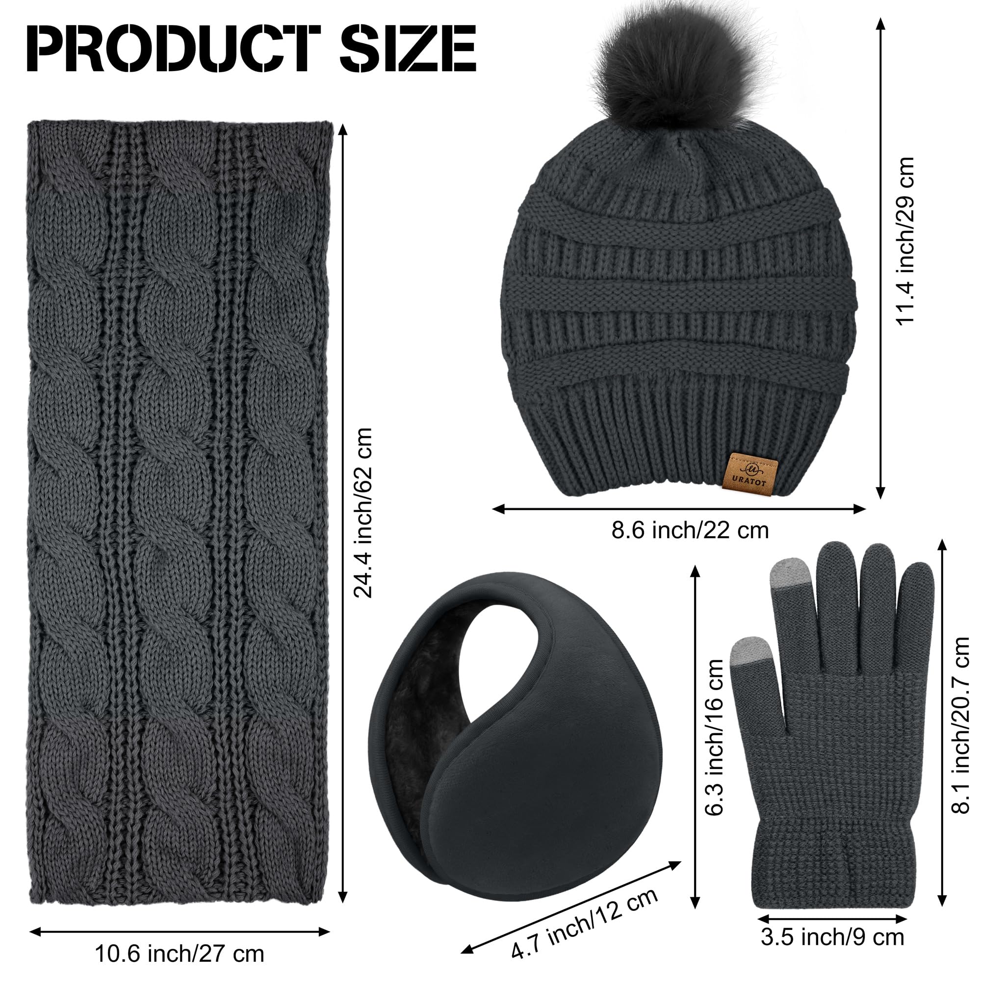 URATOT Winter Warm Sets Knitted Scarf Beanie Pompom Hat Touch Screen Gloves and Winter Ear Warmer Set for Men or Women