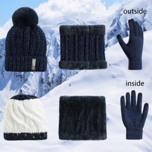 Pom Beanie Hat Scarf Gloves Set 3 in 1 Warm Thick Lining Slouchy Beanie Hats Scarf Touch Screen Gloves for Womens Girls (Navy)