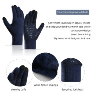 Pom Beanie Hat Scarf Gloves Set 3 in 1 Warm Thick Lining Slouchy Beanie Hats Scarf Touch Screen Gloves for Womens Girls (Navy)