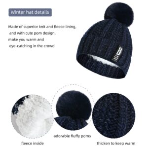 Pom Beanie Hat Scarf Gloves Set 3 in 1 Warm Thick Lining Slouchy Beanie Hats Scarf Touch Screen Gloves for Womens Girls (Navy)