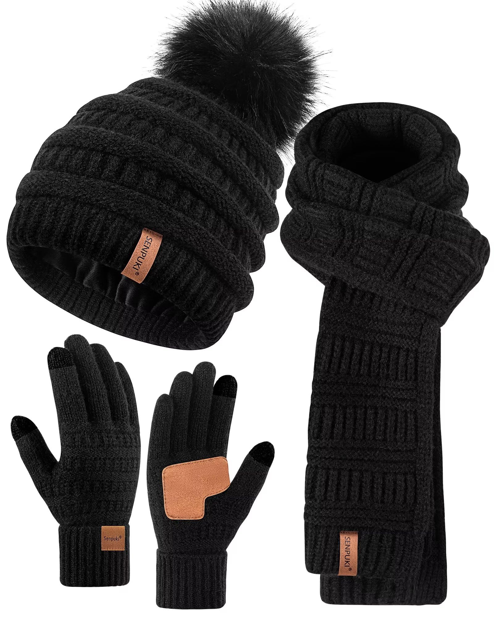 Womens Winter Beanie With Pom Pom, Fleece Lined Scarf and Touchscreen Gloves Set for Cold Weather (Black)