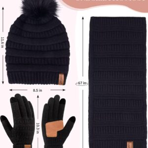 Womens Winter Beanie With Pom Pom, Fleece Lined Scarf and Touchscreen Gloves Set for Cold Weather (Black)