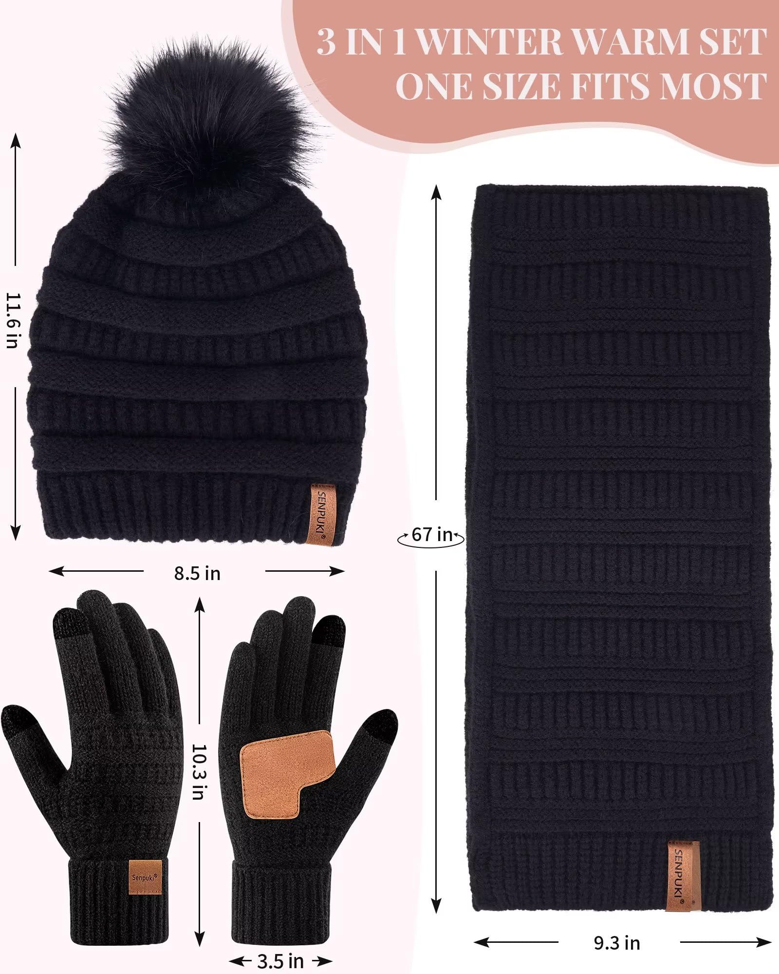 Womens Winter Beanie With Pom Pom, Fleece Lined Scarf and Touchscreen Gloves Set for Cold Weather (Black)