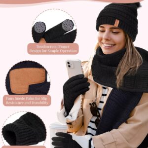 Womens Winter Beanie With Pom Pom, Fleece Lined Scarf and Touchscreen Gloves Set for Cold Weather (Black)