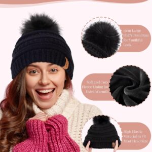 Womens Winter Beanie With Pom Pom, Fleece Lined Scarf and Touchscreen Gloves Set for Cold Weather (Black)