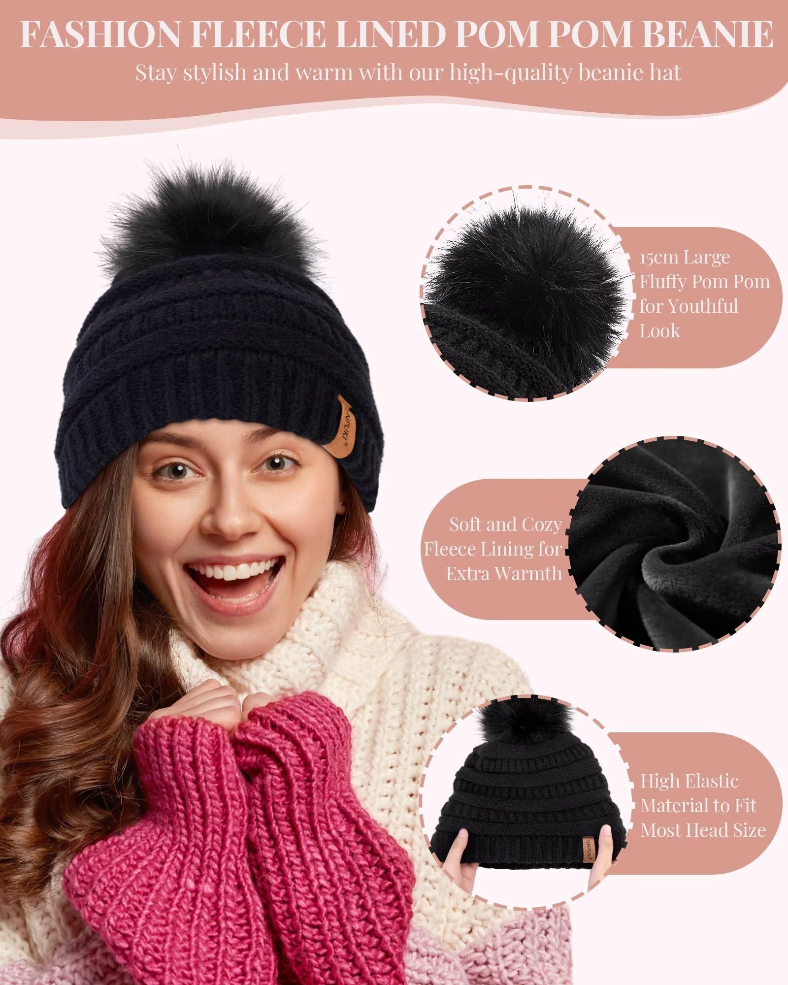 Womens Winter Beanie With Pom Pom, Fleece Lined Scarf and Touchscreen Gloves Set for Cold Weather (Black)