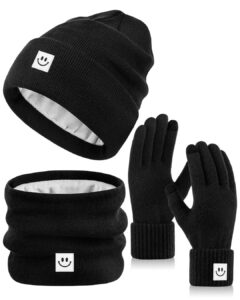 winter smiley face beanie hat scarf gloves set for women men, mens winter cute hat fashionable warm scarfs neck warmer touchscreen gloves sets for cold weather