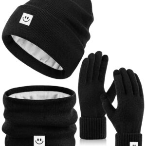 Winter Smiley Face Beanie Hat Scarf Gloves Set for Women Men, Mens Winter Cute Hat Fashionable Warm Scarfs Neck Warmer Touchscreen Gloves Sets for Cold Weather