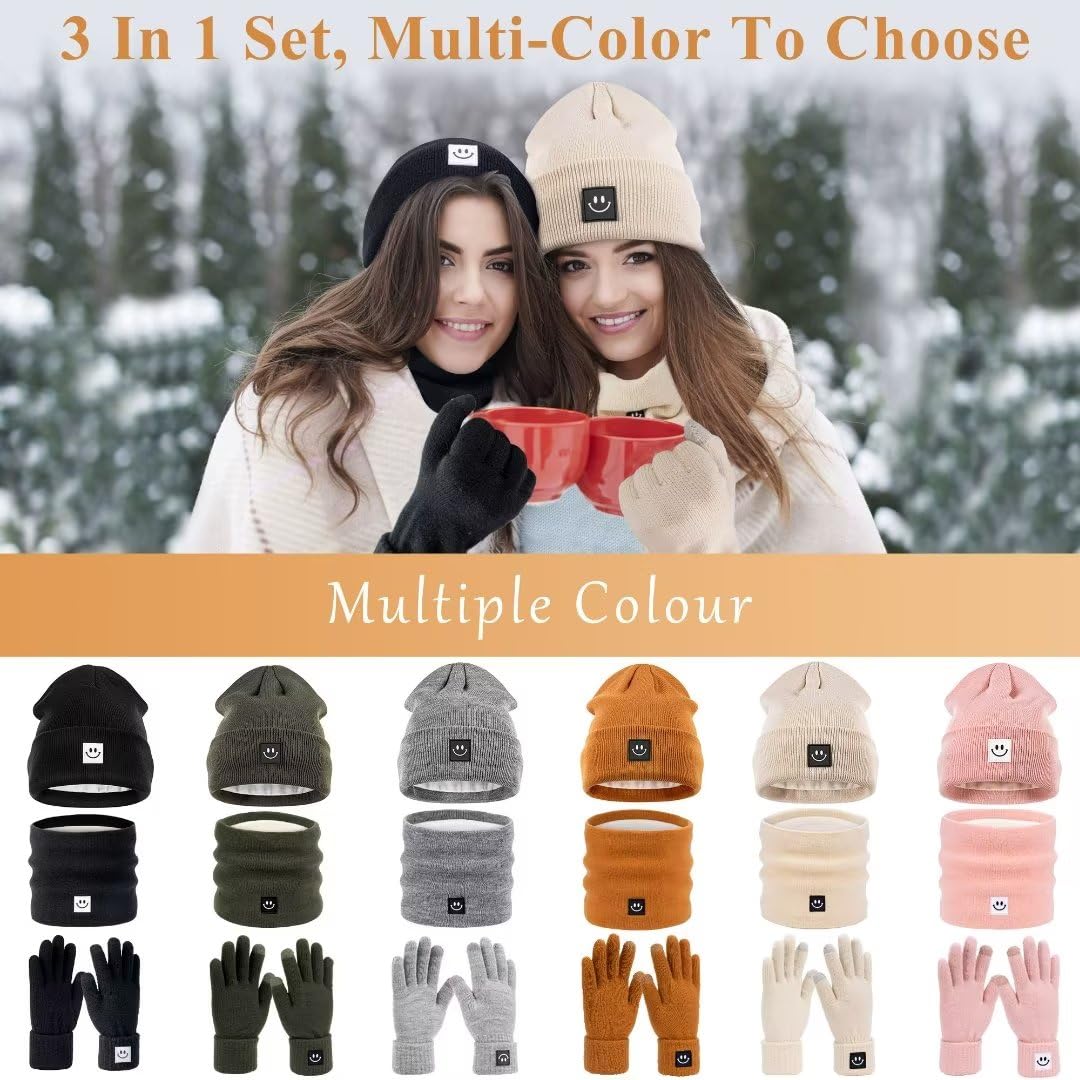 Winter Smiley Face Beanie Hat Scarf Gloves Set for Women Men, Mens Winter Cute Hat Fashionable Warm Scarfs Neck Warmer Touchscreen Gloves Sets for Cold Weather